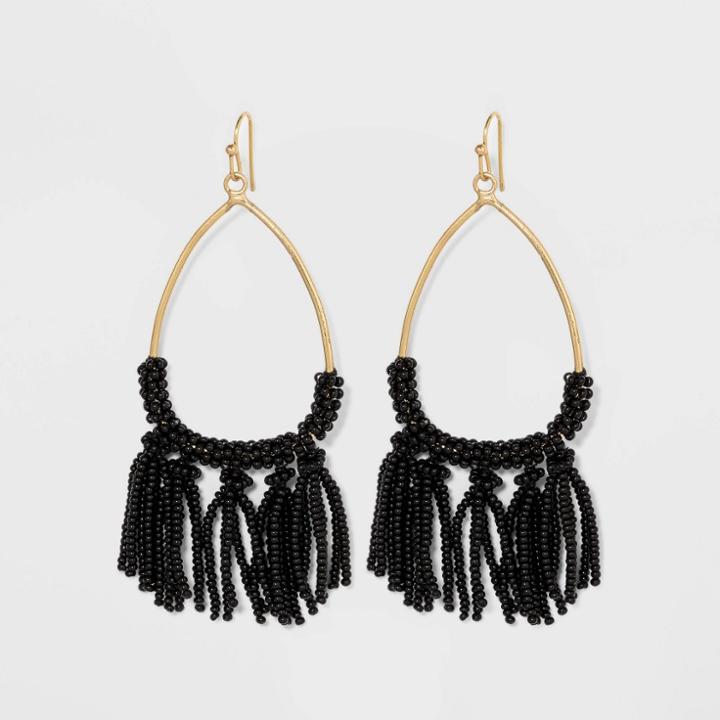 Mini Seed Beaded Tassel And Teardrop Earrings - A New Day Black, Women's
