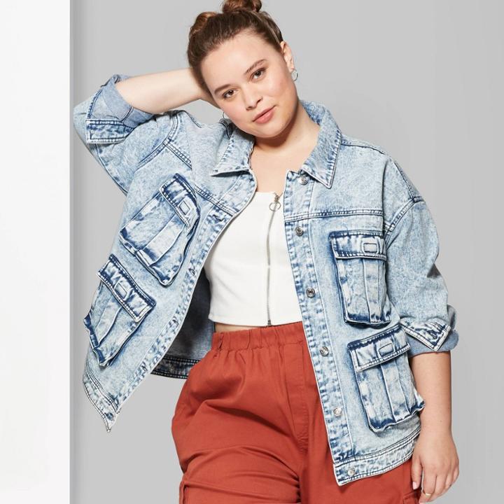 Target Women's Plus Size Acid Wash Cargo Denim Jacket - Wild Fable Medium Wash