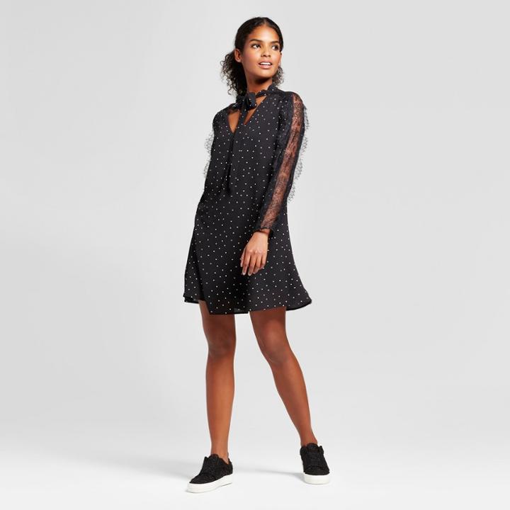 Women's Printed Lace Panel Sleeve Tie Neck Shift Dress - K By Kersh Black