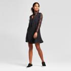 Women's Printed Lace Panel Sleeve Tie Neck Shift Dress - K By Kersh Black