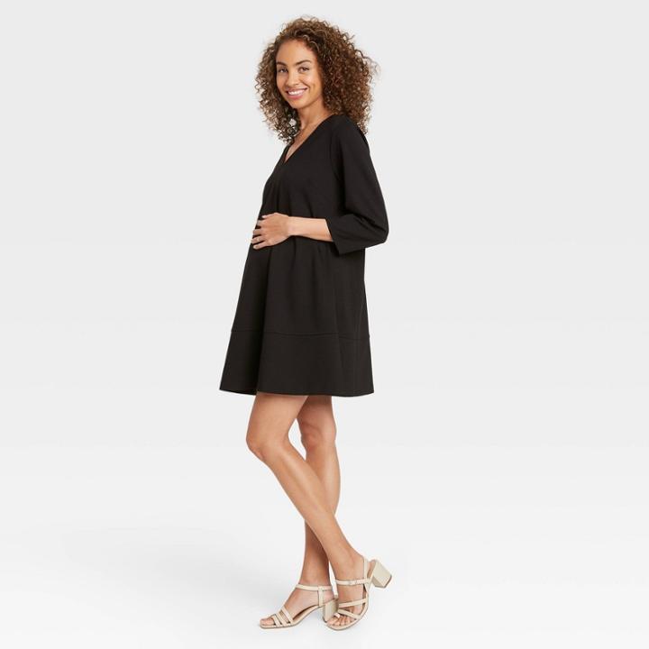 The Nines By Hatch 3/4 Sleeve Fit & Flare Ponte Maternity Dress Black