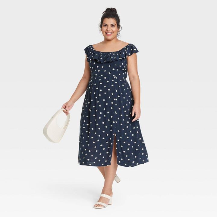 Women's Plus Size Ruffle Short Sleeve Side Slit Dress - Ava & Viv Navy Blue X