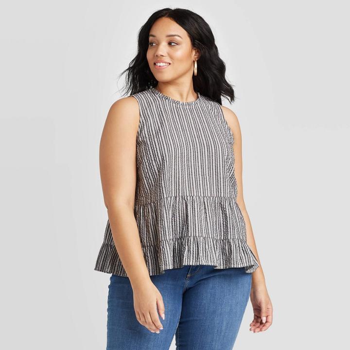 Women's Plus Size Striped Crewneck Tiered Cropped Tank Top - Universal Thread Navy 1x, Women's, Size: