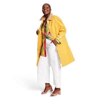 Women's Plus Size Long Sleeve Collared Front Button-down Coat - Isaac Mizrahi For Target Yellow/tan 1x, Women's, Size: 1xl, Yellow Brown