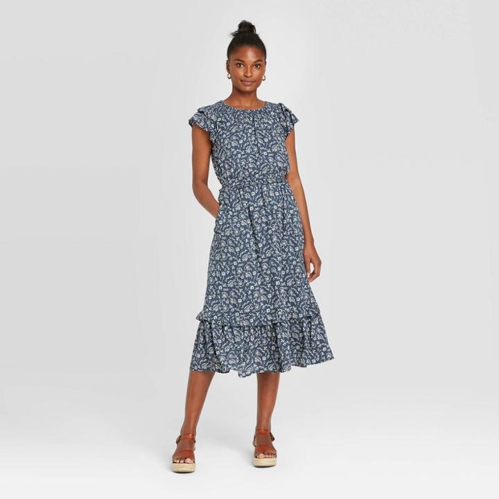Women's Floral Print Short Sleeve Midi Ruffle Dress - Universal Thread Navy Blue Xs, Women's, Blue Blue
