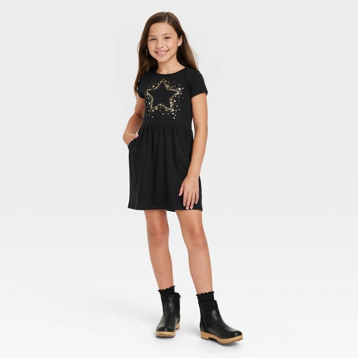 Girls' Printed Short Sleeve Dress - Cat & Jack Black