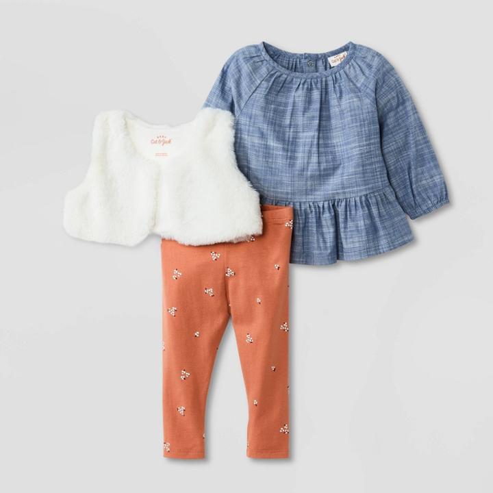 Baby Girls' Fur Vest Top & Bottom Set - Cat & Jack Newborn, Blue/ivory/red