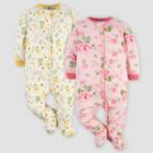Gerber Baby Girls' 2pk Floral/roses Sleep N' Play - Pink/yellow