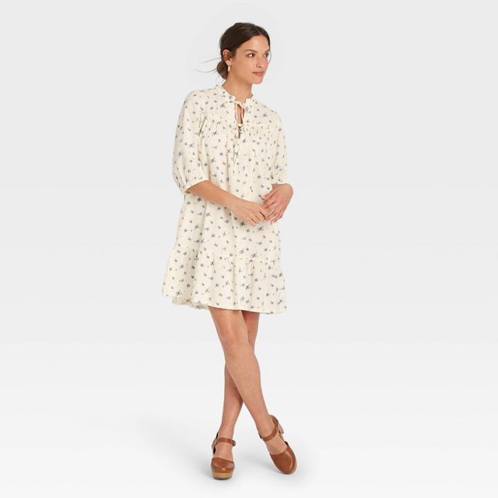 Women's Balloon Long Sleeve Tie-front Dress - Universal Thread White Floral