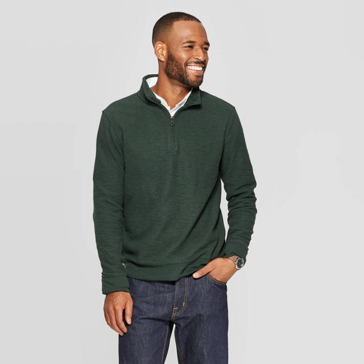 Men's Standard Fit Long Sleeve 1/4 Zip Sherpa Collar Sweater - Goodfellow & Co Forest Green S, Size: Small, Green Green