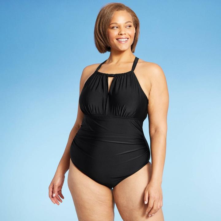 Kona Sol Women's Plus Size Post Mastectomy High Neck Cut Out One Piece Swimsuit - Kona