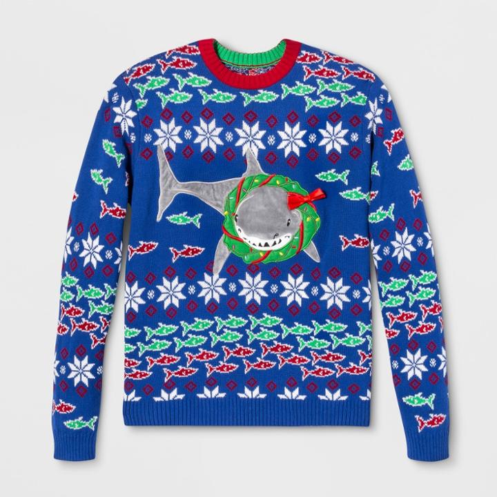 33 Degrees Men's Ugly Christmas Shark Wreath Long Sleeve Pullover Sweater - Blue