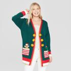 Women's Christmas Elf Candy Cane Cardigan Ugly Sweater - 33 Degrees (juniors') Green