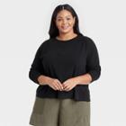 Women's Plus Size Long Sleeve Linen T-shirt - A New Day Black