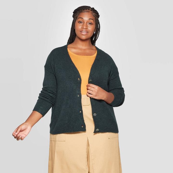 Women's Plus Size Long Sleeve Open Layering Button Front Cardigan - Ava & Viv Dark Green