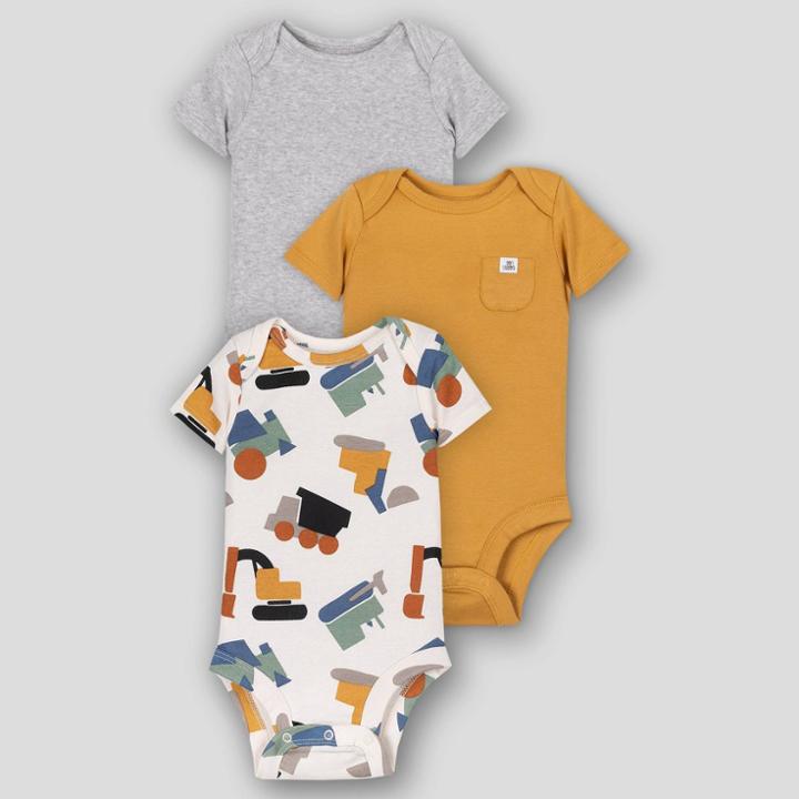 Lamaze Baby 3pk Organic Cotton Short Sleeve Construction Bodysuits - Mustard Yellow Newborn