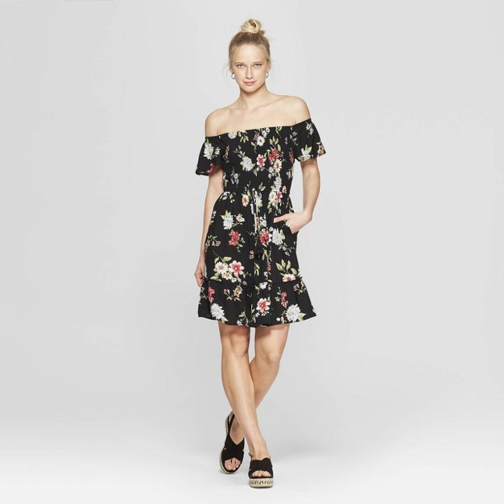 Women's Floral Print Short Sleeve Off The Shoulder Smocked Top Dress - Xhilaration Black