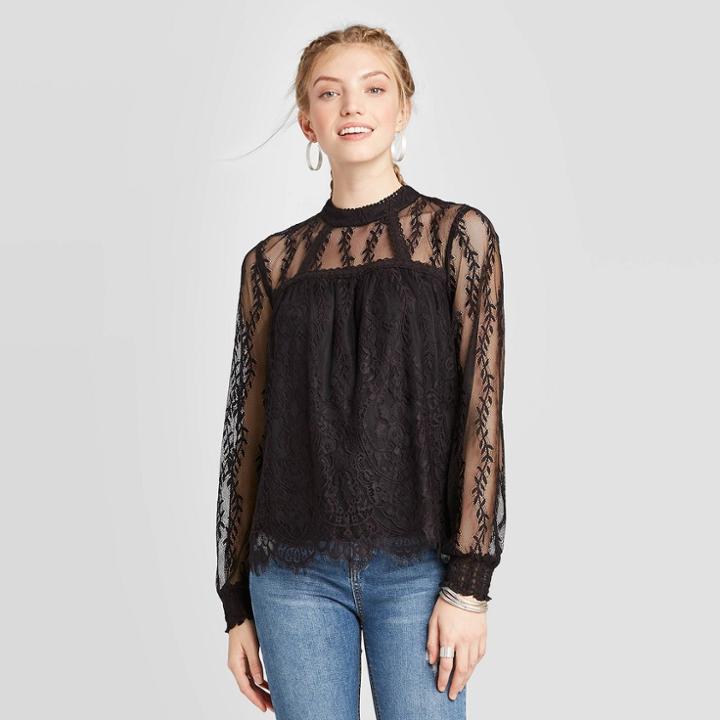 Women's Long Sleeve High Neck Lace Blouse - Xhilaration Black