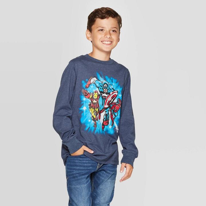 Marvel Boys' Avengers Burst Long Sleeve T-shirt - Navy Heather Xs, Boy's, Blue
