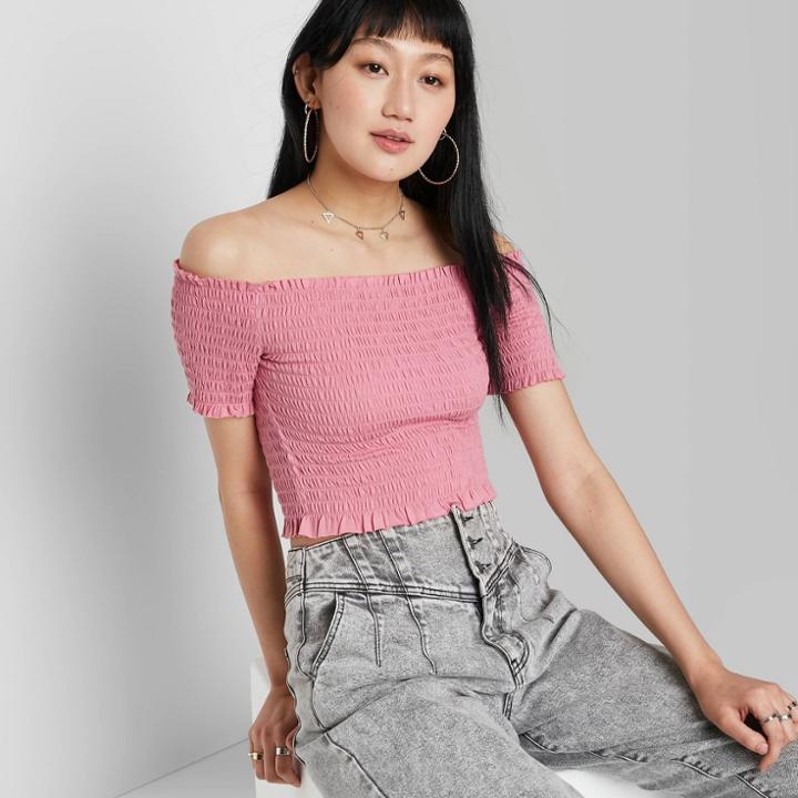 Women's Short Sleeve Over The Shoulder Cropped Smocked Top - Wild Fable Pink