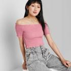 Women's Short Sleeve Over The Shoulder Cropped Smocked Top - Wild Fable Pink