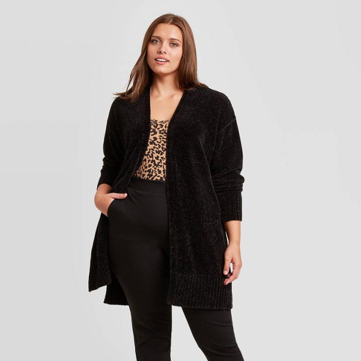 Women's Plus Size Open Neck Chenille Cardigan - Ava & Viv Black X