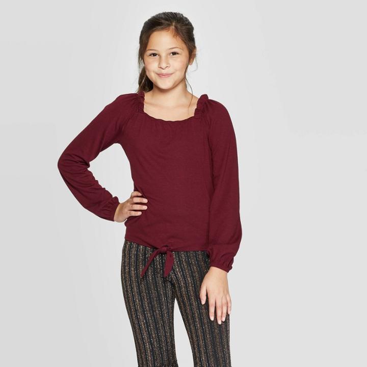 Girls' Long Sleeve Square Neck Tie Top - Art Class Burgundy Xs, Girl's, Purple