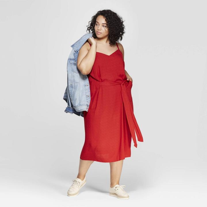 Women's Plus Size Sleeveless V-neck Belted Midi Dress - Universal Thread Red