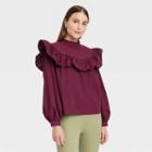 Women's Long Sleeve Ruffle Yoke Top - A New Day Burgundy