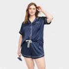 Women's Short Sleeve Notch Collar And Shorts 3pc Pajama Set - Stars Above Navy Blue