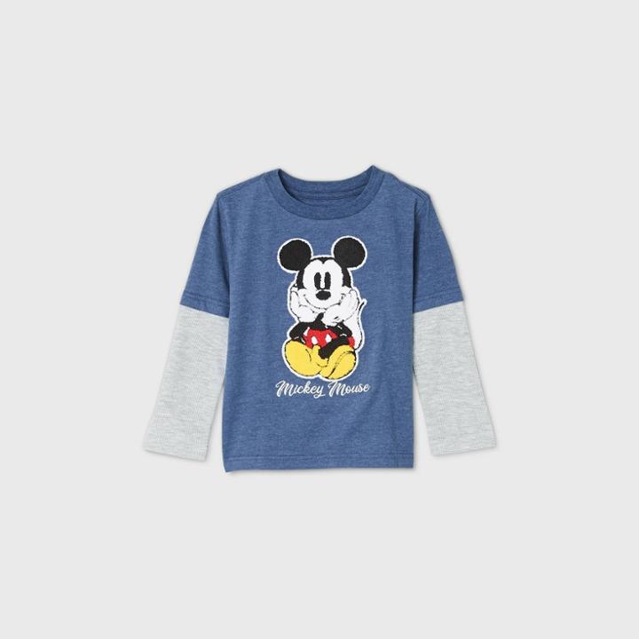Disney Toddler Boys' Mickey Mouse Chenille Patch Long Sleeve Graphic T-shirt - Navy