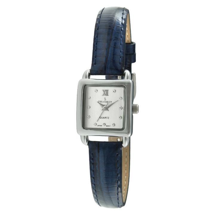 Peugeot Watches Women's Peugeot Mini Square Crystal Marker Leather Strap Watch - Silver And Blue