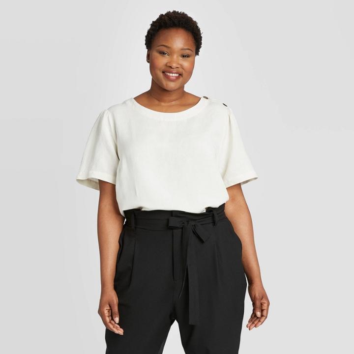 Women's Plus Size Short Sleeve Crewneck Button Shirt - Ava & Viv White X, Women's