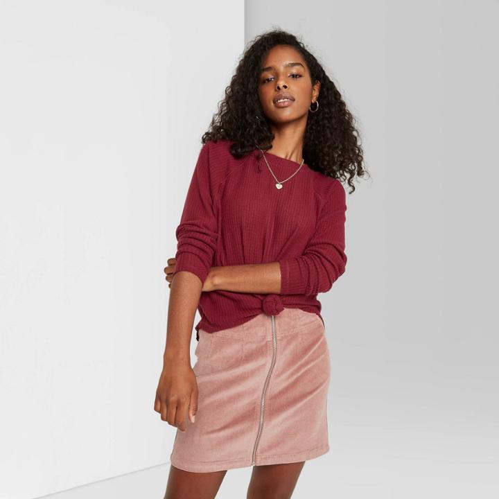 Women's Long Sleeve Waffle T-shirt - Wild Fable Burgundy