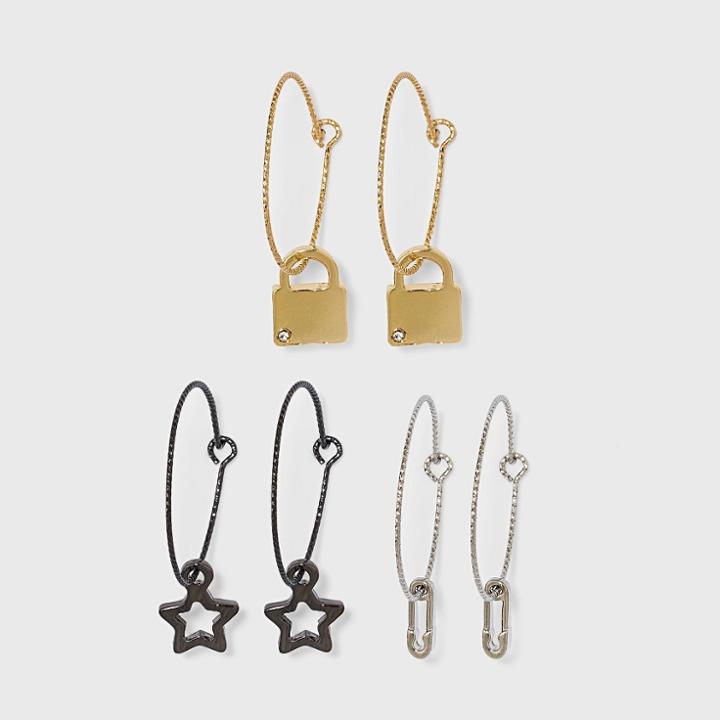 Star Safety Pin And Lock Hoop Earring Set 3pc - Wild Fable , Black/gold/nickel