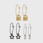 Star Safety Pin And Lock Hoop Earring Set 3pc - Wild Fable , Black/gold/nickel
