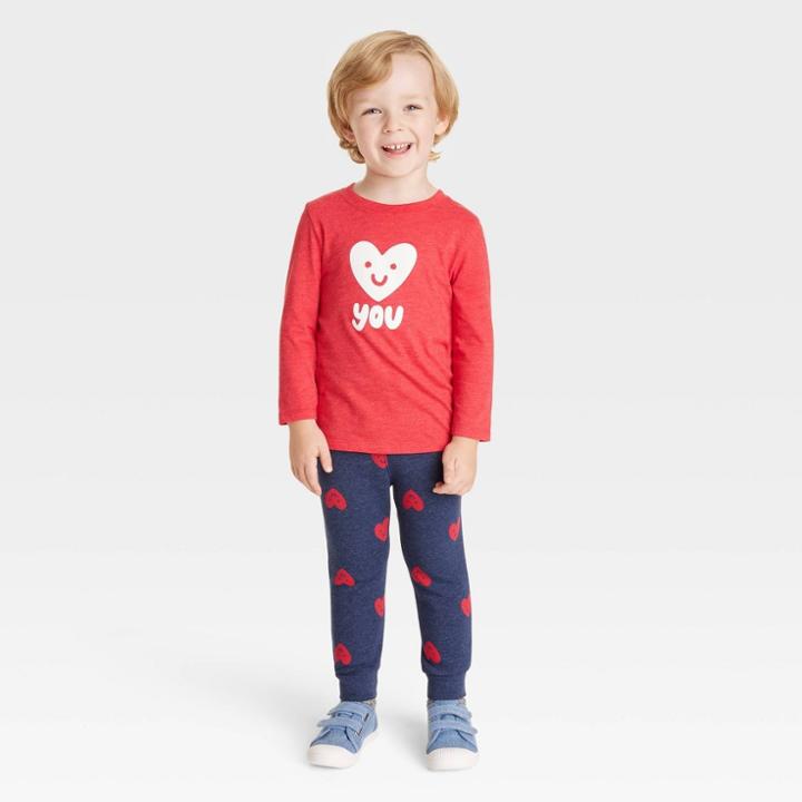 Toddler Boys' Valentine's Day 'heart You' Long Sleeve T-shirt And Fleece Jogger Pants Set - Cat & Jack Red