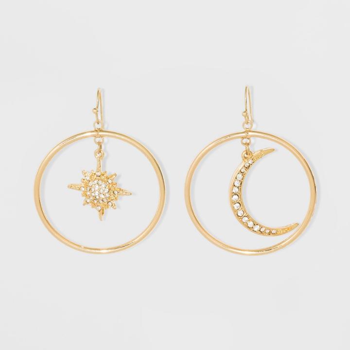 Paved Crescent And Star Burst With Hoop Mismatched Earrings - Wild Fable Gold