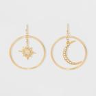 Paved Crescent And Star Burst With Hoop Mismatched Earrings - Wild Fable Gold