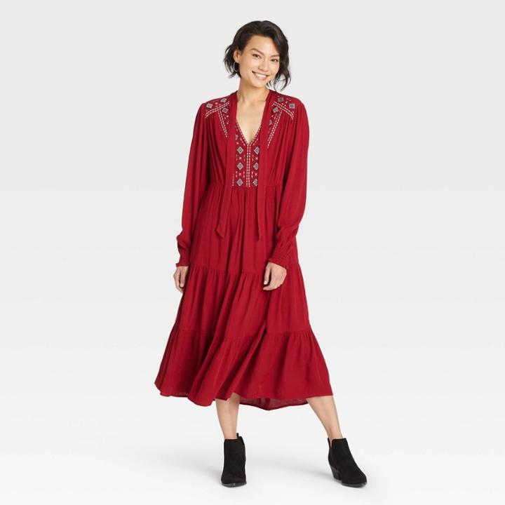 Women's Long Sleeve Embroidered Dress - Knox Rose Red