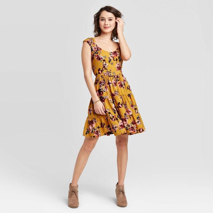 Women's Floral Print Sleeveless Scoop Neck Button Front Babydoll Mini Dress - Xhilaration Mustard Xs, Women's, Yellow