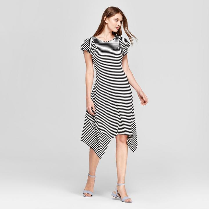 Women's Short Sleeve Striped Handkerchief Hem Dress - Notations - Black/white