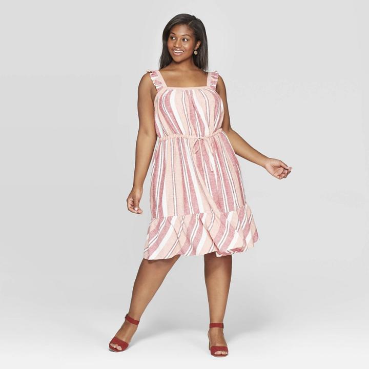 Women's Plus Size Striped Ruffle Sleeve Square Neck Dress - Universal Thread Red