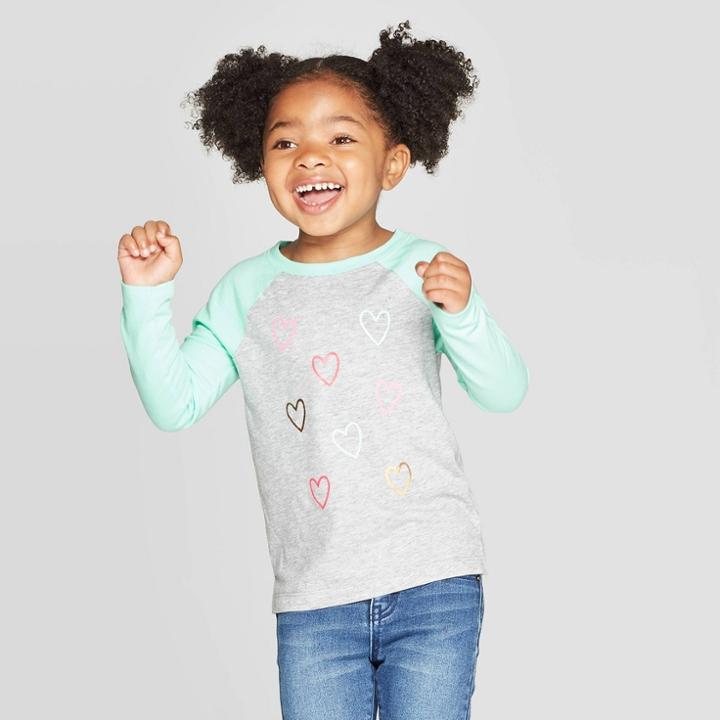 Toddler Girls' Long Sleeve Heart Baseball T-shirt - Cat & Jack Gray/aqua 12m, Toddler Girl's