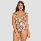 Women's Slimming Control Ruffle Sleeve One Piece Swimsuit - Beach Betty By Miracle Brands Pink Tropical