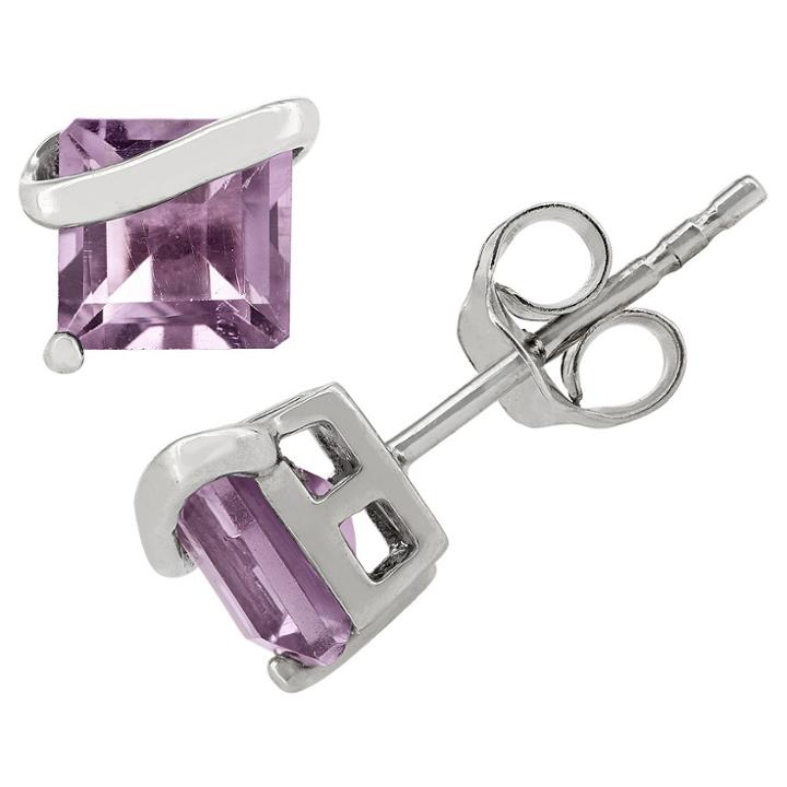 Tiara Princess-cut Amethyst Stud Earrings In Sterling Silver, Women's
