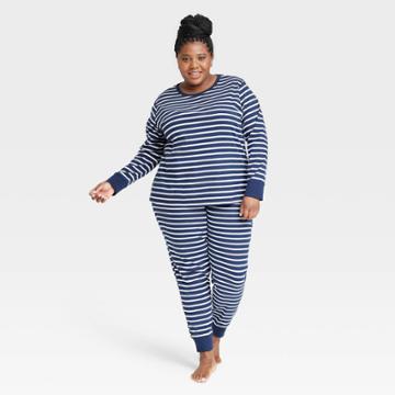 No Brand Women's Striped 100% Cotton Matching Family Pajama Set - Navy Blue