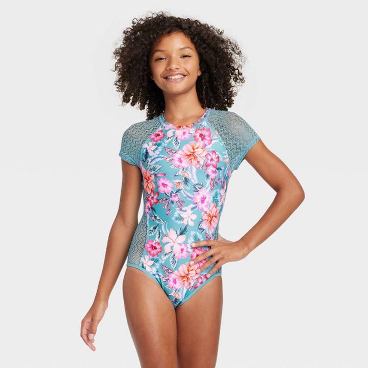 Girls' Sweet Floral Surf One Piece Swimsuit - Art Class Blue
