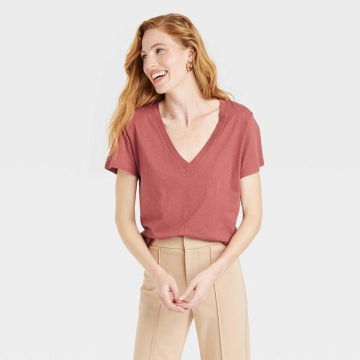 Women's Short Sleeve V-neck T-shirt - A New Day Red