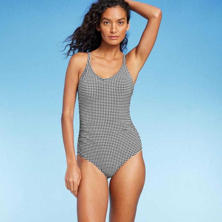 Kona Sol Women's Textured Gingham Ruched High Coverage One Piece Swimsuit - Kona